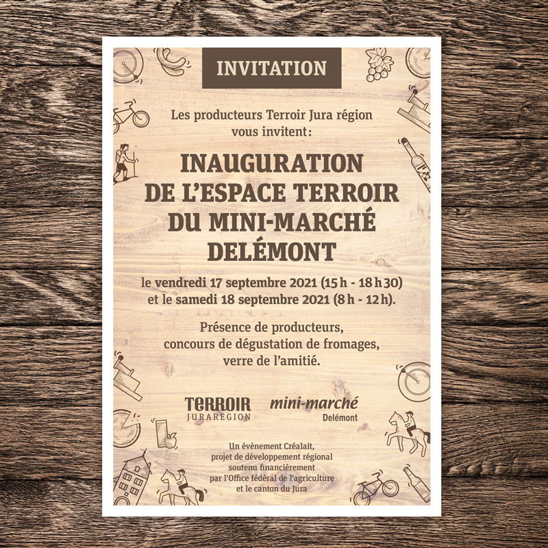 Affiche Inauguration Espace Terroir MIni-Marche Delemont. Terroir Juraregion. Design Annick Woungly. Affiche Inauguration Espace Terroir MIni-Marche Delemont. Terroir Juraregion. Design Annick Woungly.
