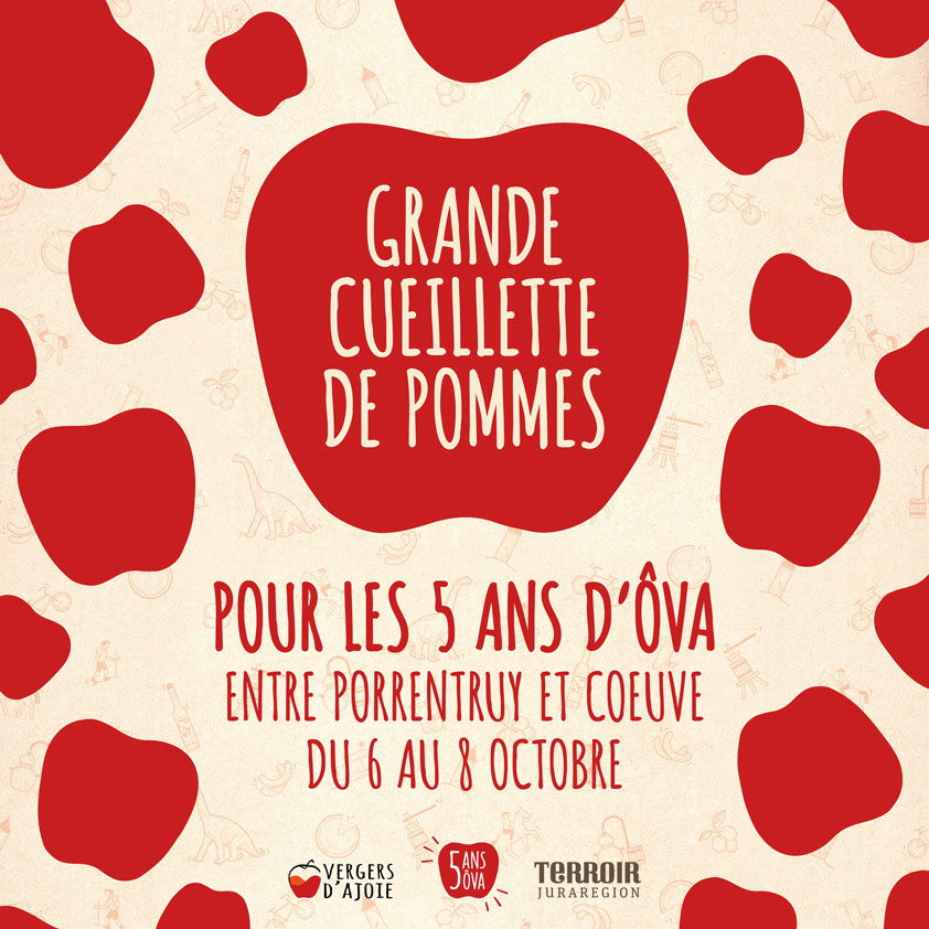Design d'affiche et flyer pour la Grande cueillette de pommes d'Ô vergers d'Ajoie. Design d'affiche et flyer pour la Grande cueillette de pommes d'Ô vergers d'Ajoie.