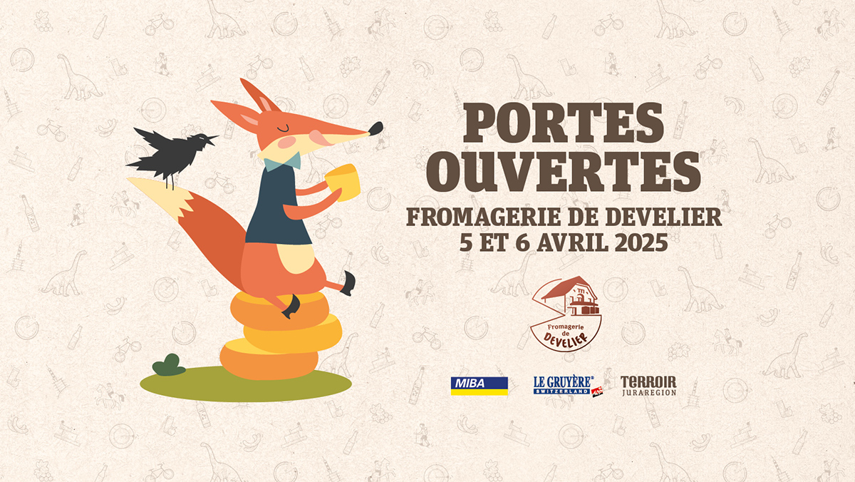 Affiche et communication visuelle événementielle pour les Portes Ouvertes de la Fromagerie de Develier. Affiche et communication visuelle événementielle pour les Portes Ouvertes de la Fromagerie de Develier.