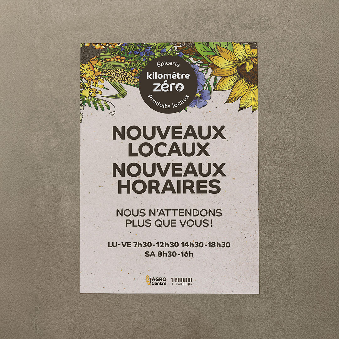 Affiche publicitaire pour la réouverture du magasin kilomètre Zéro à Courtételle Affiche publicitaire pour la réouverture du magasin kilomètre Zéro à Courtételle