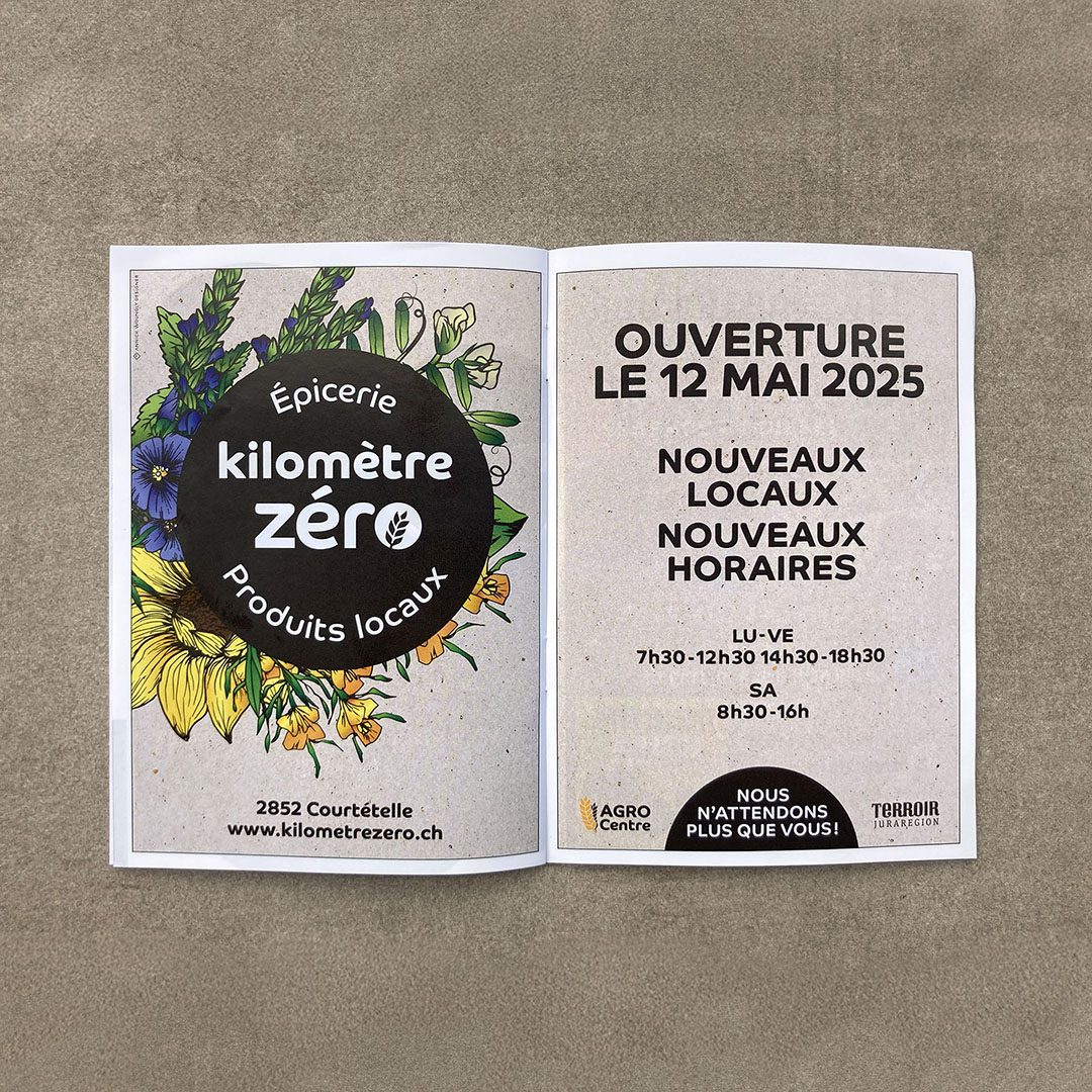 Annonce publicitaire dans La Germaine de la réouverture du magasin kilomètre Zéro à Courtételle Annonce publicitaire dans La Germaine de la réouverture du magasin kilomètre Zéro à Courtételle