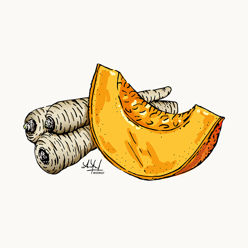 Annick Woungly. Illustrations. Recettes Quotidien Jurassien. 2024. Annick Woungly. Illustrations. Recettes Quotidien Jurassien. 2024. Dessin de courge et panais.