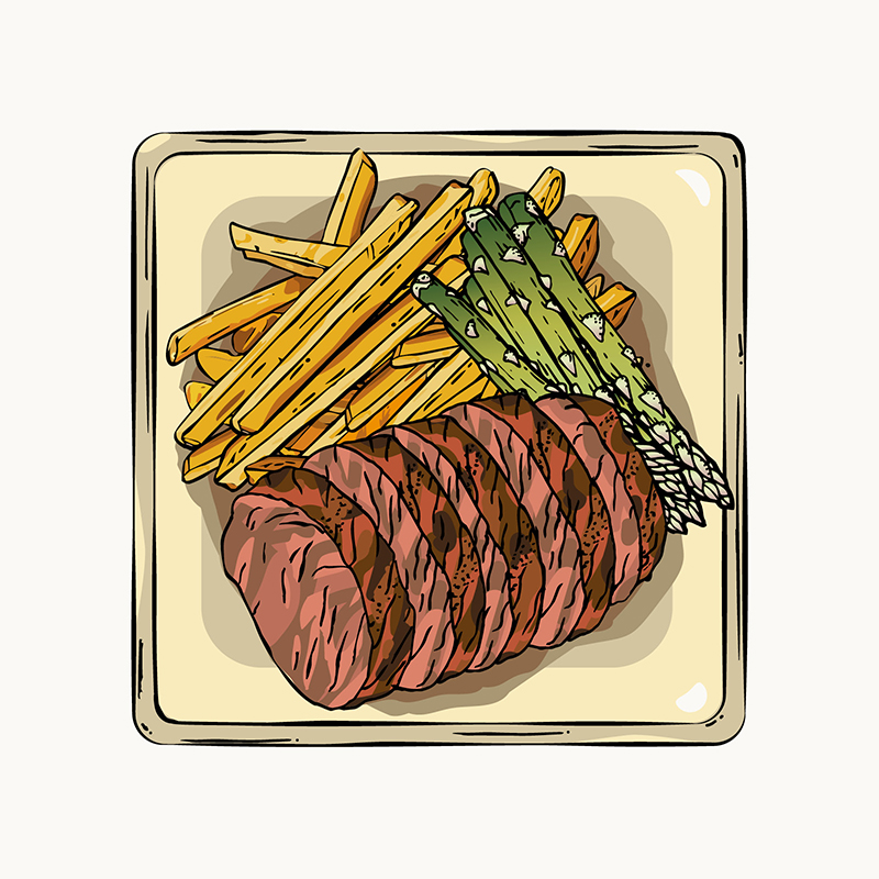 Annick Woungly. Illustrations. Recettes Quotidien Jurassien. 2024. Annick Woungly. Illustrations. Recettes Quotidien Jurassien. 2024. Agneau, frites et asperges.
