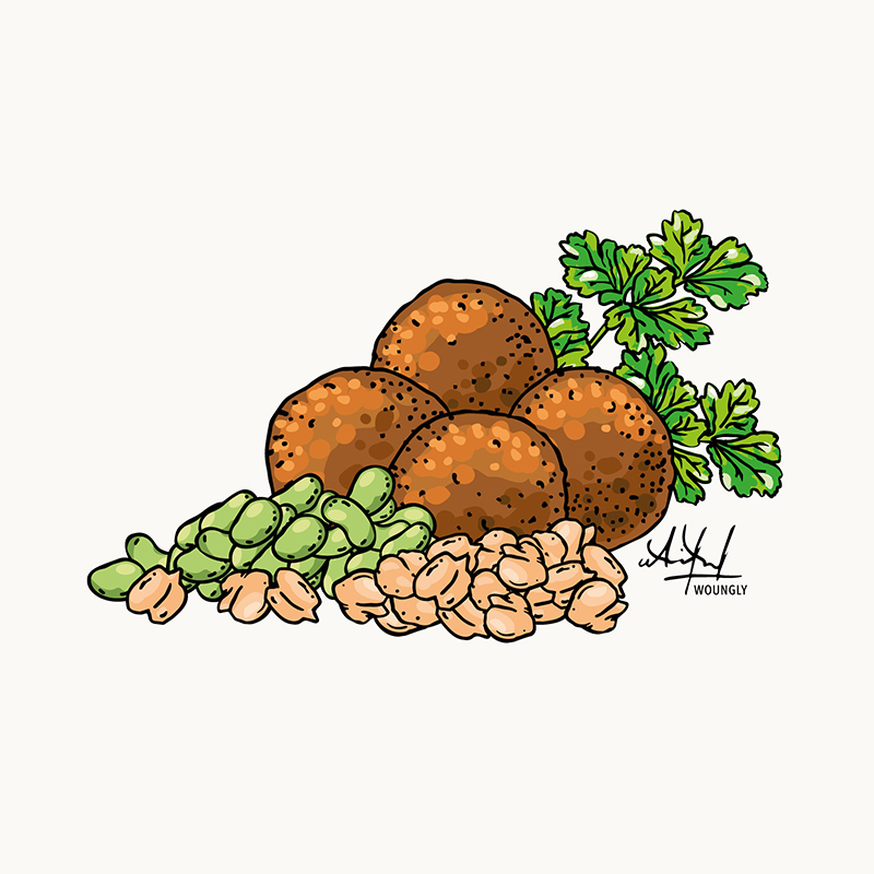 Annick Woungly. Illustrations. Recettes Quotidien Jurassien. 2024. Annick Woungly. Illustrations. Recettes Quotidien Jurassien. 2024. Falafels.
