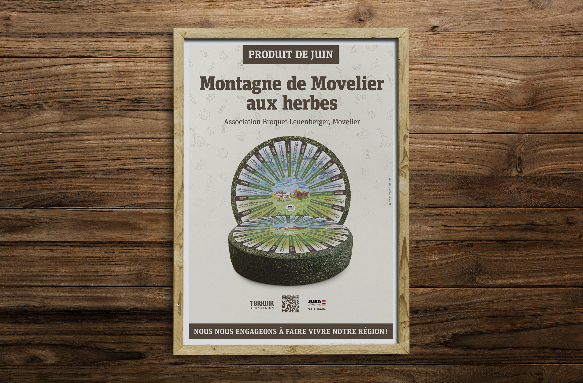 Design d'affiches. Produit du mois Terroir Juraregion. Fromage Montagne de Movelier aux herbes. Association Broquet-Leuenberger. Publicité Terroir Juraregion.