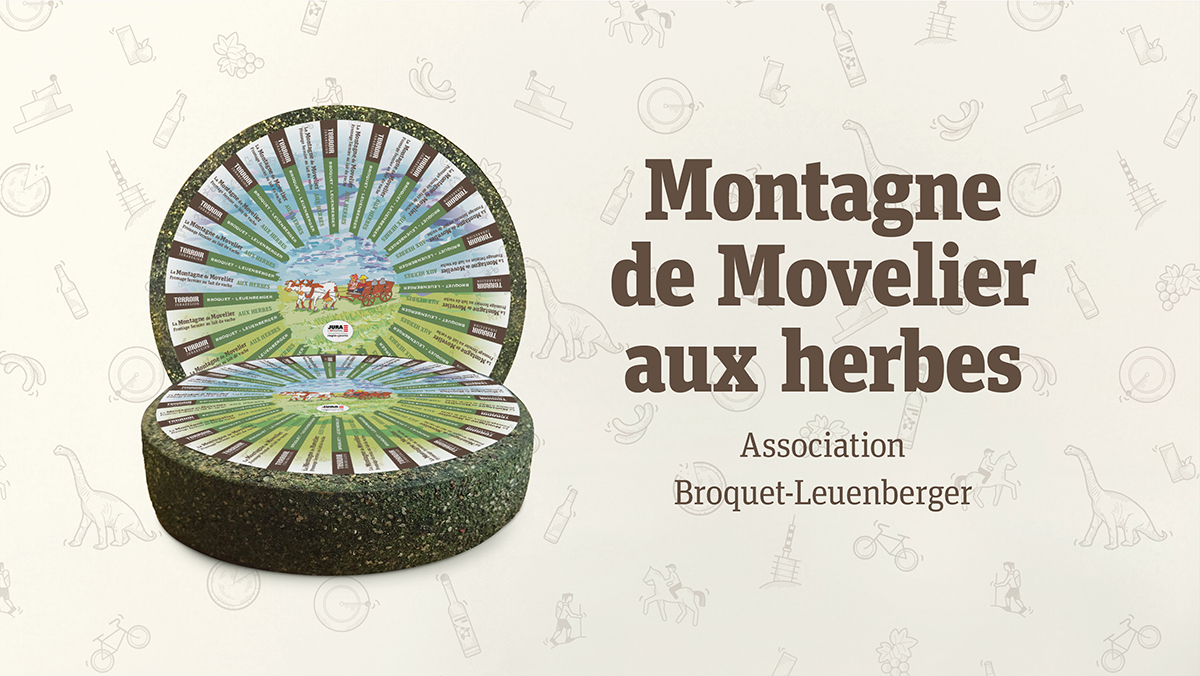 Design d'étiquettes. Fromage Montagne de Movelier aux herbes. Association Broquet-Leuenberger. Publicité Terroir Juraregion.