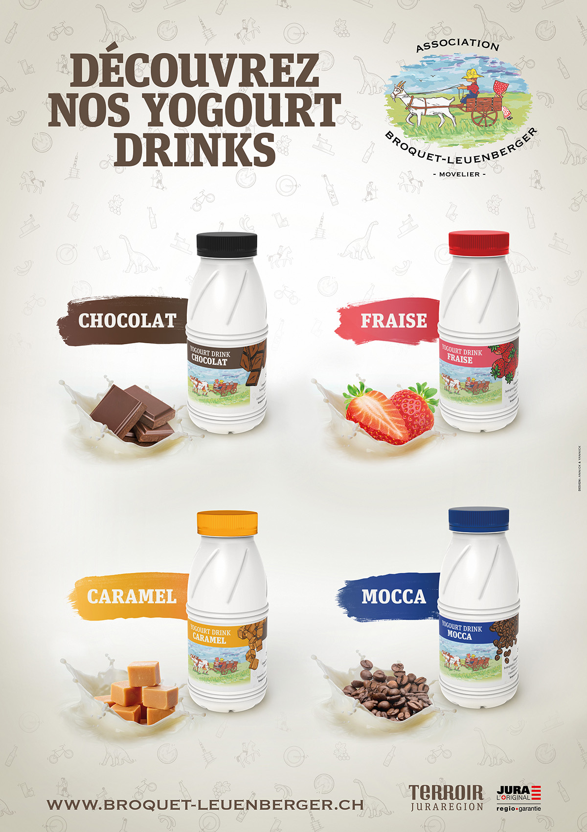 Design d'affiche promotionnelle pour les yogourt-drinks de l'Association Broquet-Leuenberger, à Movelier, dans le canton du Jura.