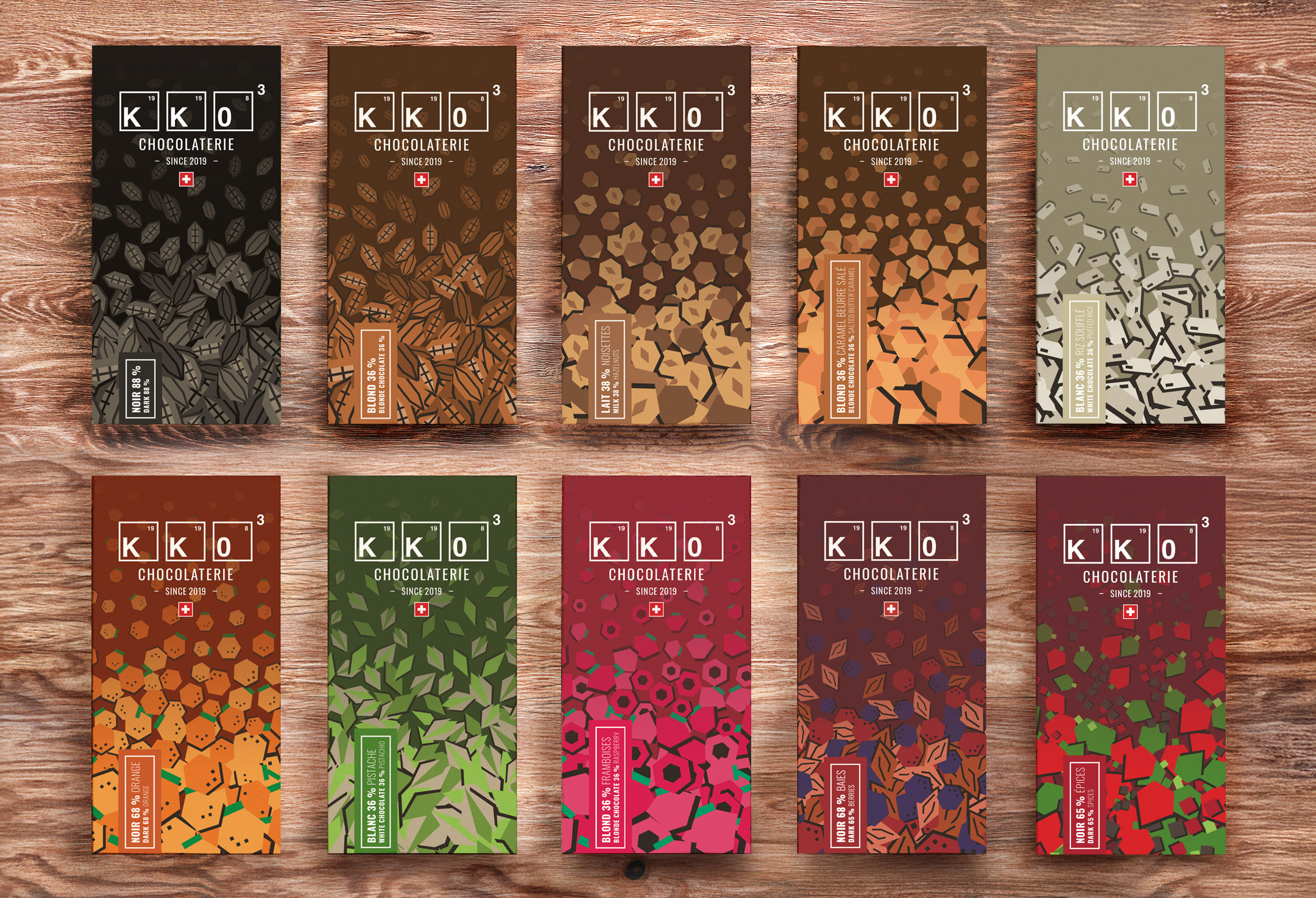 Design packaging pour les tablettes de chocolat de la petite chocolaterie jurassienne KKO3.