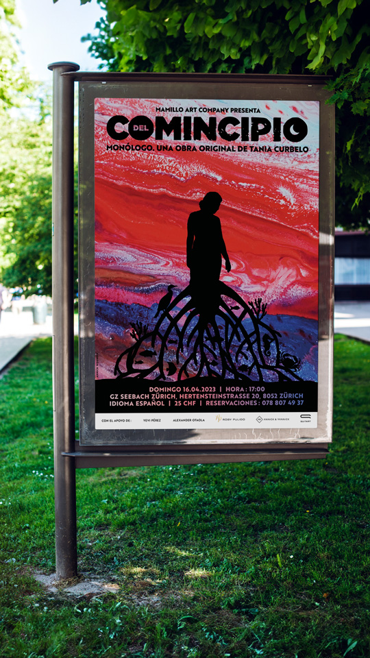 Design d'affiche et autres supports de promotion pour la pièce de théâtre "Del comincipio", de l'actrice zurichoise Tania Haag. Design d'affiche et autres supports de promotion pour la pièce de théâtre "Del comincipio", de l'actrice zurichoise Tania Haag.