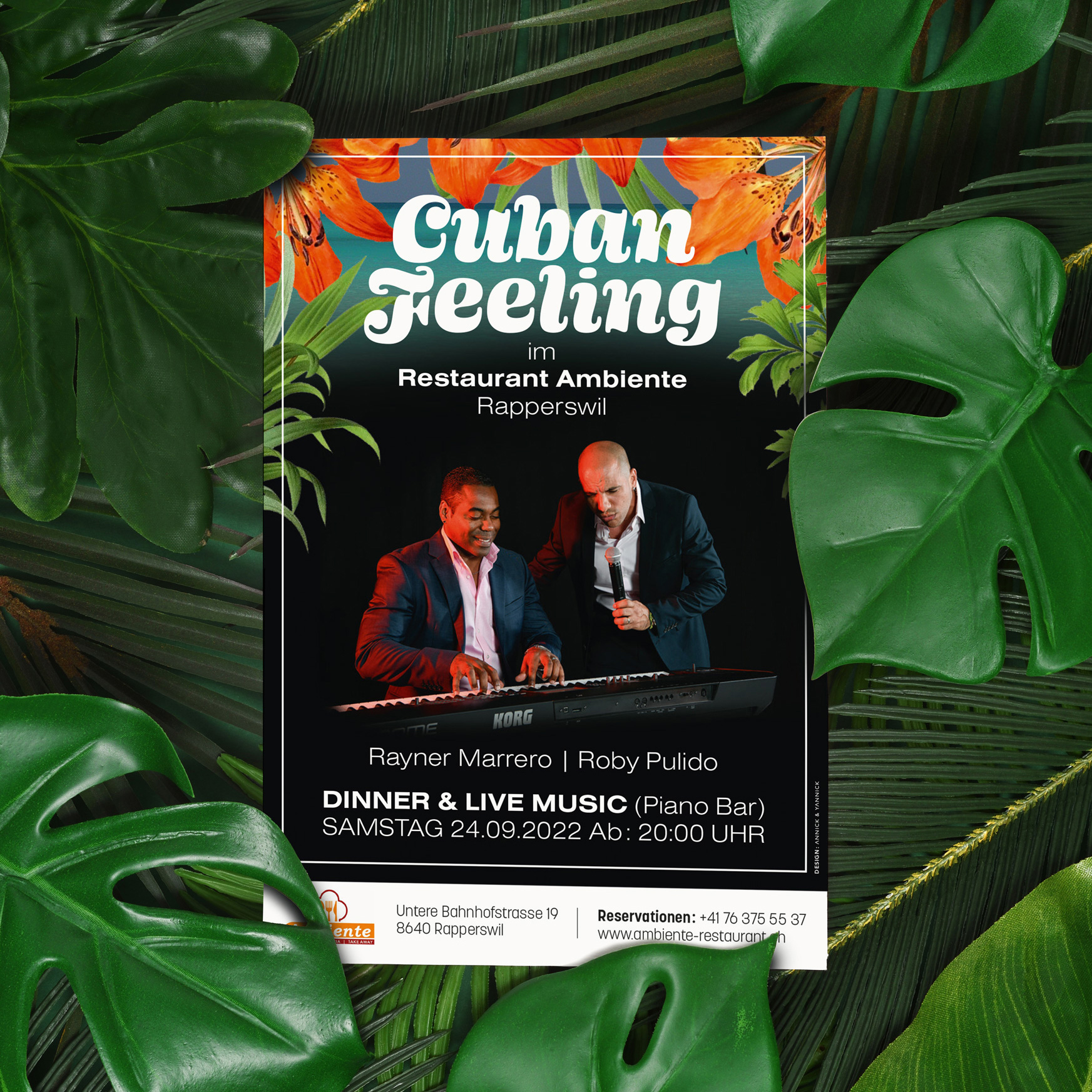 Cuban Feeling. Design de flyer pour le concert à Rapperswil du duo de musiciens cubains Roby Pulido et Rayner Marrero. Annick Woungly Designer. Cuban Feeling. Design de flyer pour le concert à Rapperswil du duo de musiciens cubains Roby Pulido et Rayner Marrero. Annick Woungly Designer.
