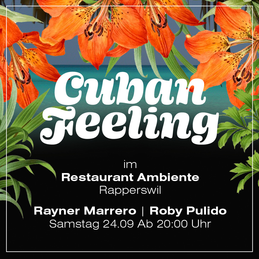 Cuban Feeling. Design de flyer pour le concert à Rapperswil du duo de musiciens cubains Roby Pulido et Rayner Marrero. Annick Woungly Designer. Cuban Feeling. Design de flyer pour le concert à Rapperswil du duo de musiciens cubains Roby Pulido et Rayner Marrero. Annick Woungly Designer.