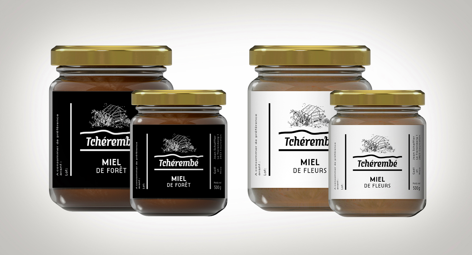Miel du Tchérembé. Courroux, Jura. Identité visuelle et design d'étiquettes. Miel du Tchérembé. Courroux, Jura. Identité visuelle et design d'étiquettes.