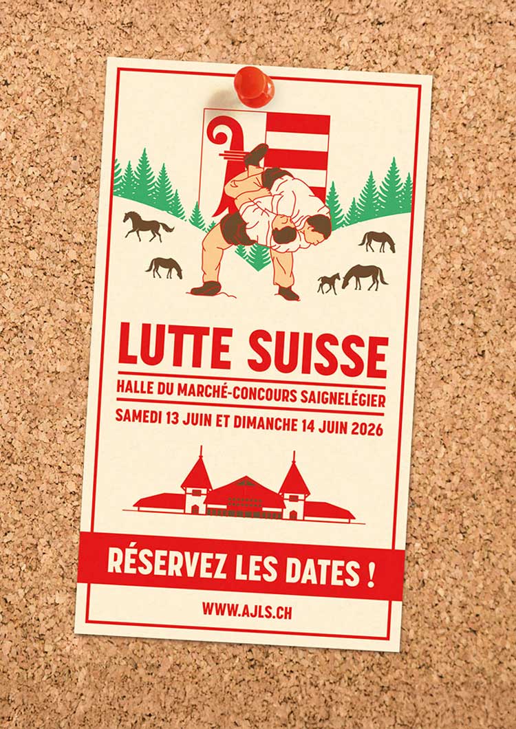Fête Cantonale jurassienne et Romande de lutte suisse. Affiche et supports de communication visuelle.