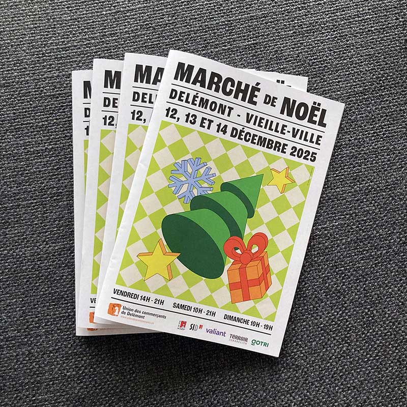 Identité visuelle et supports de communication pour le Marché de Noël de Delémont. Annick Woungly. 2025.
