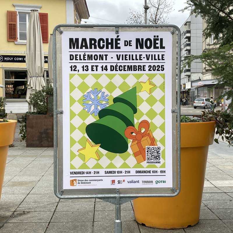 Identité visuelle et supports de communication pour le Marché de Noël de Delémont. Annick Woungly. 2025.