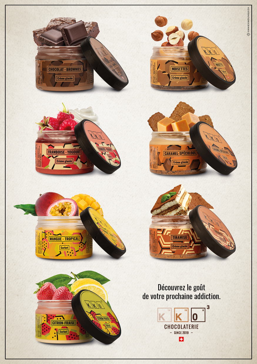 Glaces KKO3. Chocolaterie. Design d'affiches publicitaires. Annick Woungly.