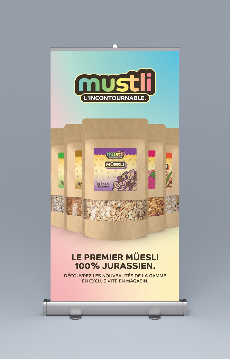 Mustli. Muesli. Design publicitaire. Affiche. Agrocentre Courtételle. Annick Woungly.